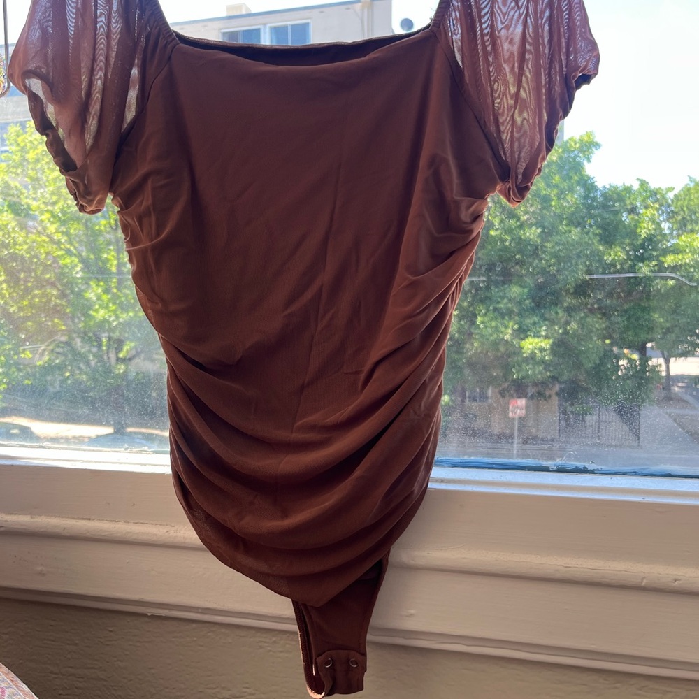 Brown Ruched Bodysuit with Sheer Sleeves